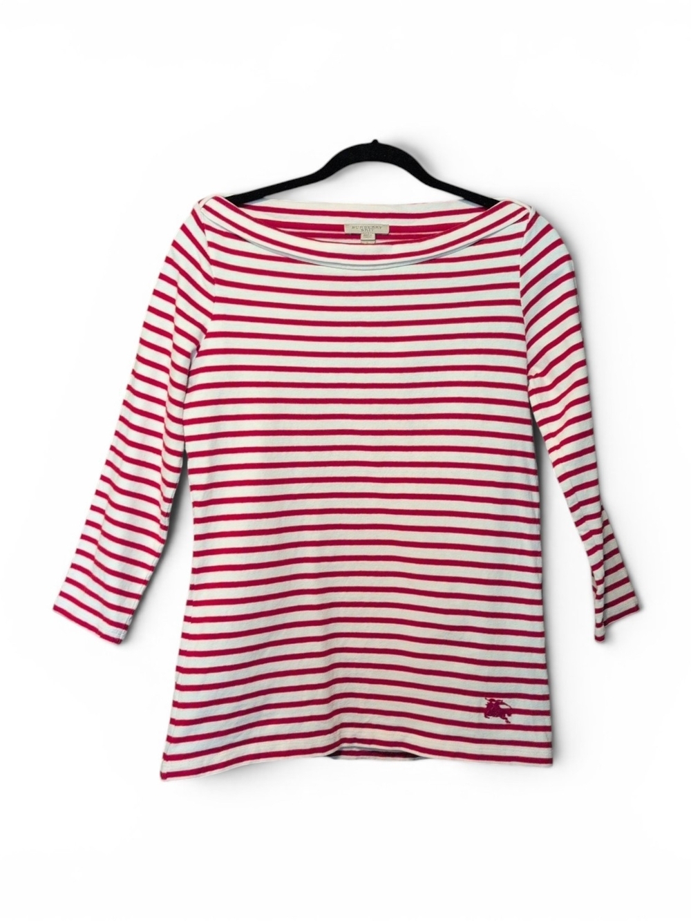 Burberry Brit Red and White Striped Boatneck 3/4 Sleeve Cotton Top Size Small